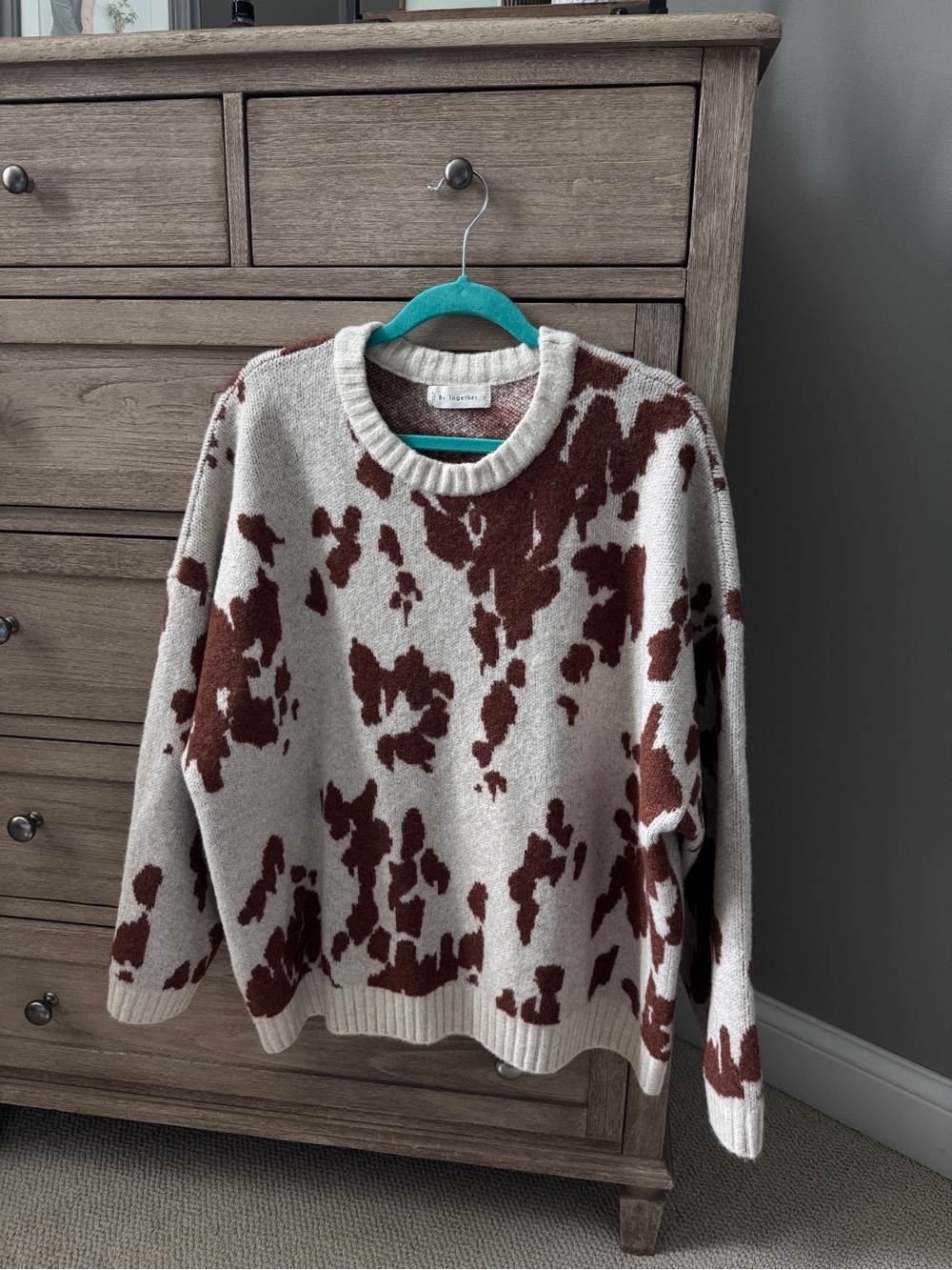 By Together Cream and Brown Cow-Print Crewneck Sweater